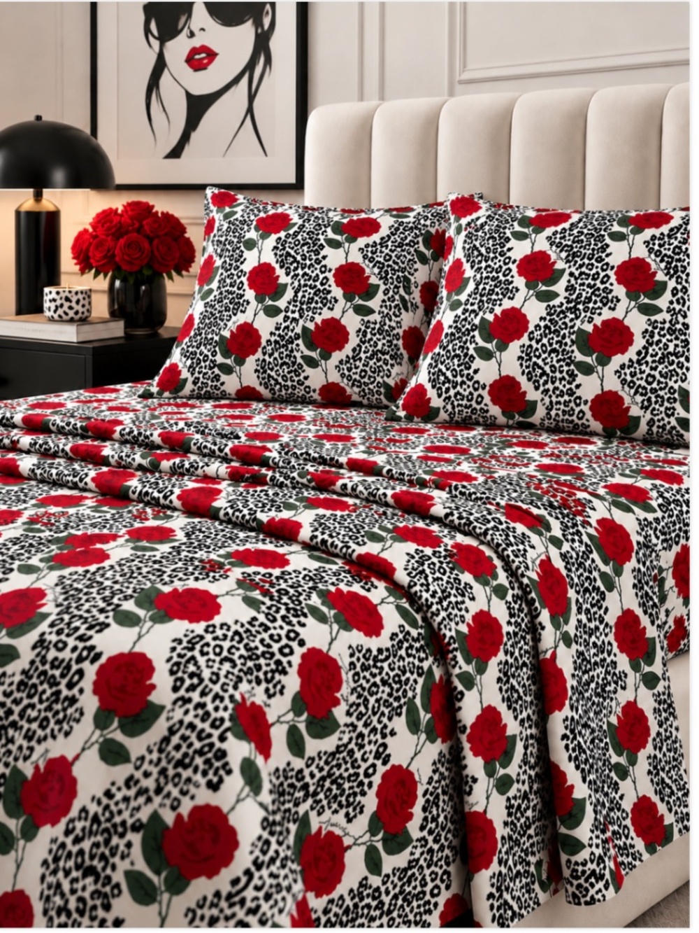 Juicy Couture Full Sheet Set 6pc Roses Leopard Print Red Black White NWT